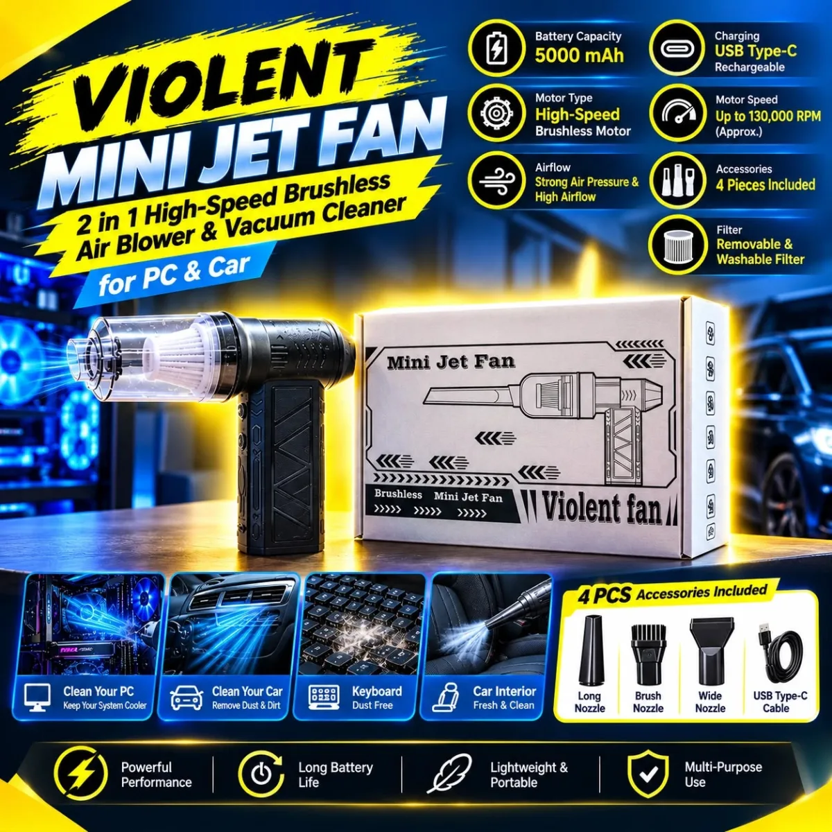 Violent Mini Jet Fan – 2 in 1 High-Speed Brushless Air Blower & Vacuum Cleaner for PC & Car